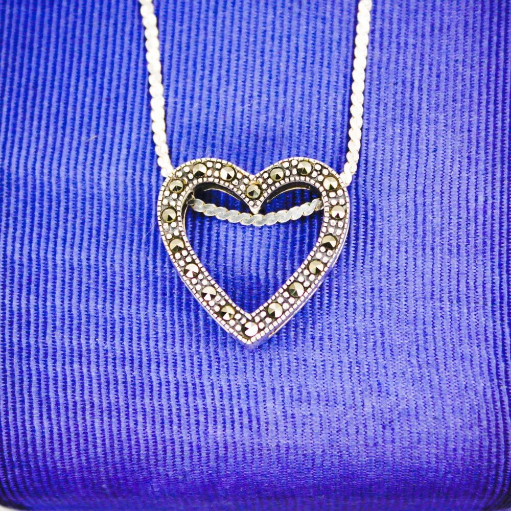 925 Sterling Silver Marcasite Open Heart Retro Pendant Necklace Signed SLC